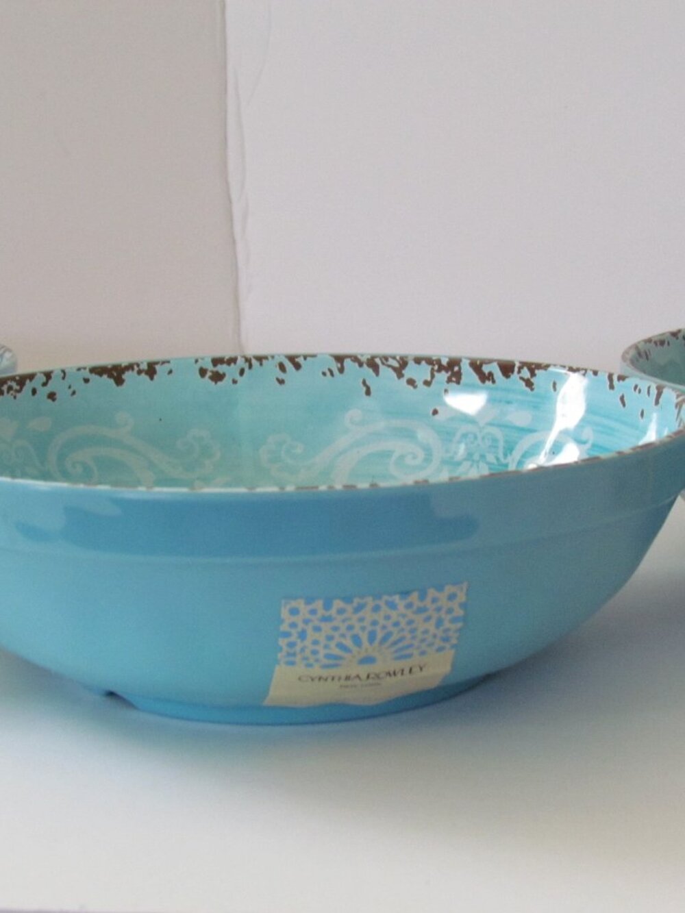 Cynthia Rowley Teal Blue Brown Trim Melamine Bowls Medallion Tuscan Swirl Set/3